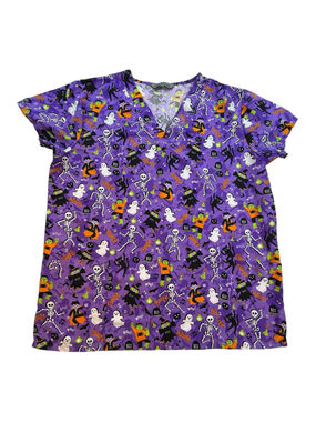 Wear For Care Halloween Scrub Top Purple Skeleton Ghost Witch Print Size Large